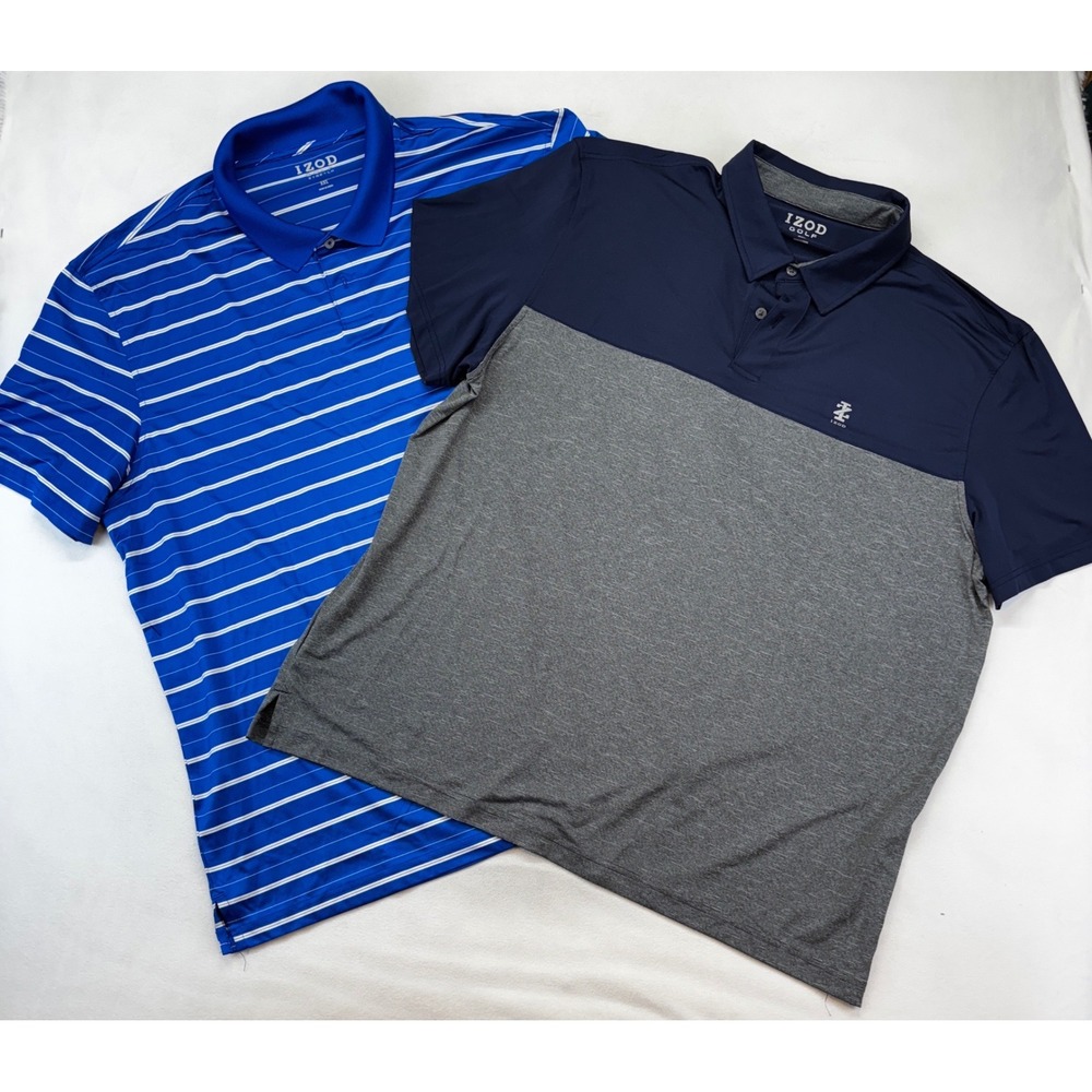 IZOD Golf Polo Shirts Men XXL Blue Grey Striped Colorblock Stretch 2 Pack Bundle